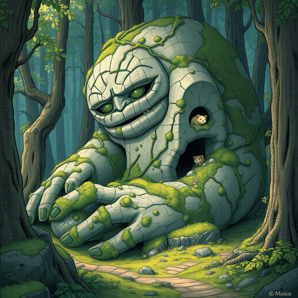 Slumbering Stone Golem in Lush Forest, Fantastical Art