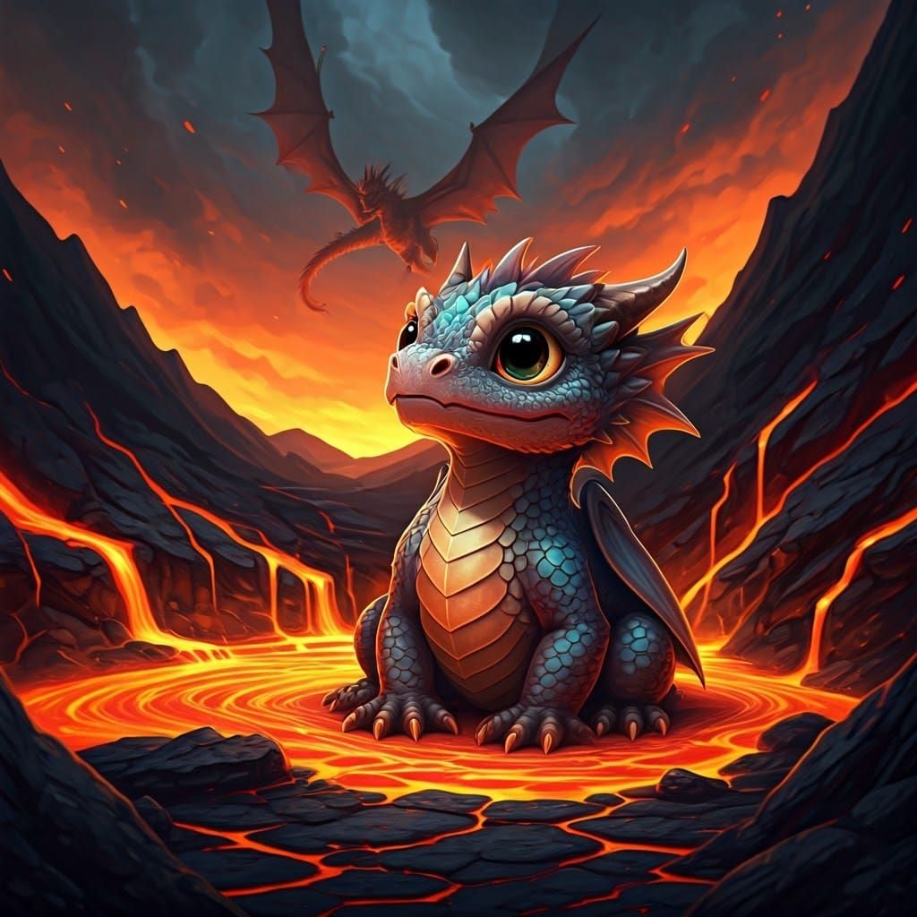 Iridescent Baby Dragon in Volcano, Digital Painting