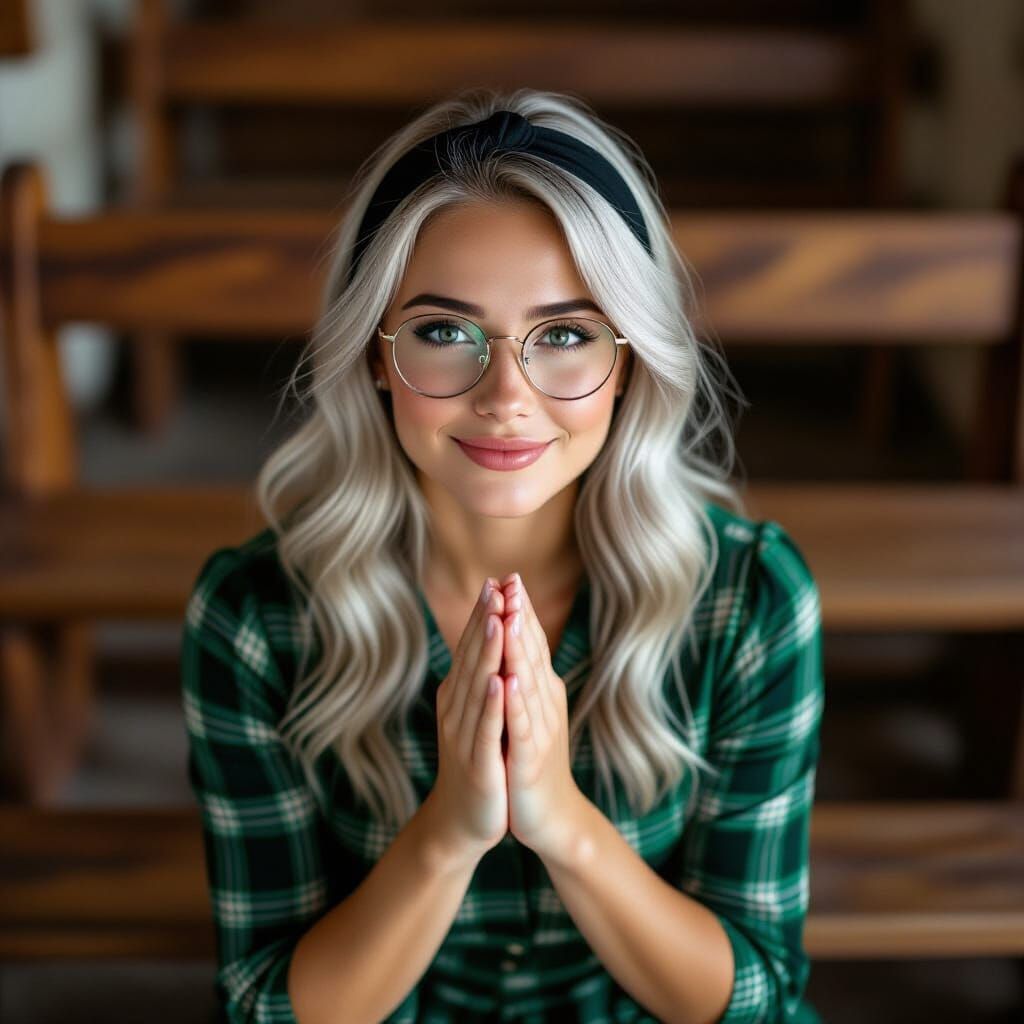 Woman Kneeling in Rustic Chapel, Looking Up