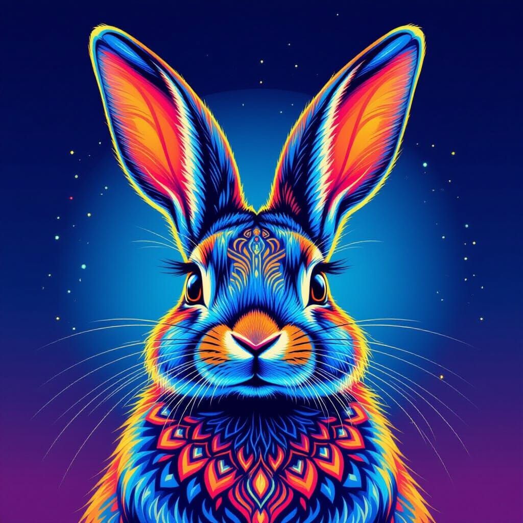 Rabbit Mandala Portrait in Psychedelic Graphic Style