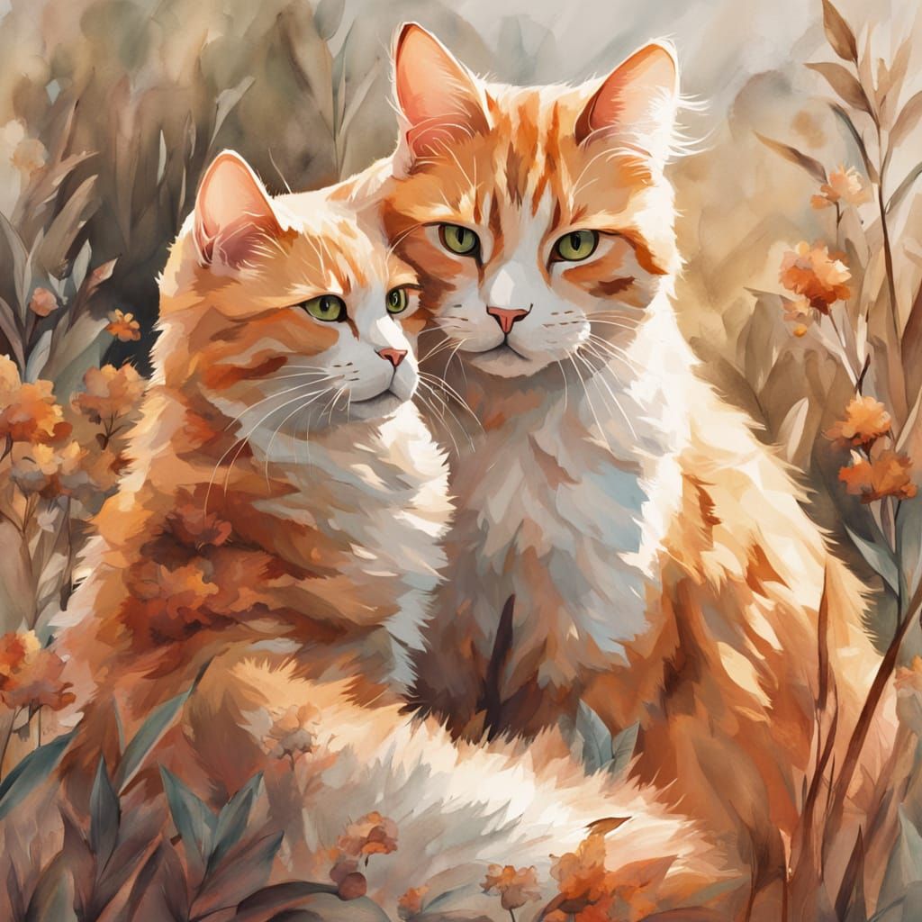 Whimsical Watercolor Cats in Warm Sunlight