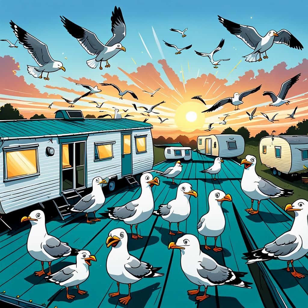 Cartoon Seagulls Shrieking on Caravan Roof at Dawn