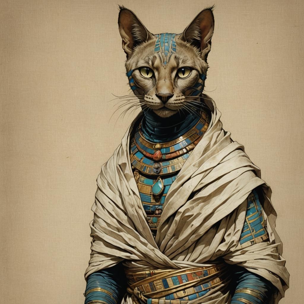 Egyptian Cat Mummy Portrait in Surrealist Style