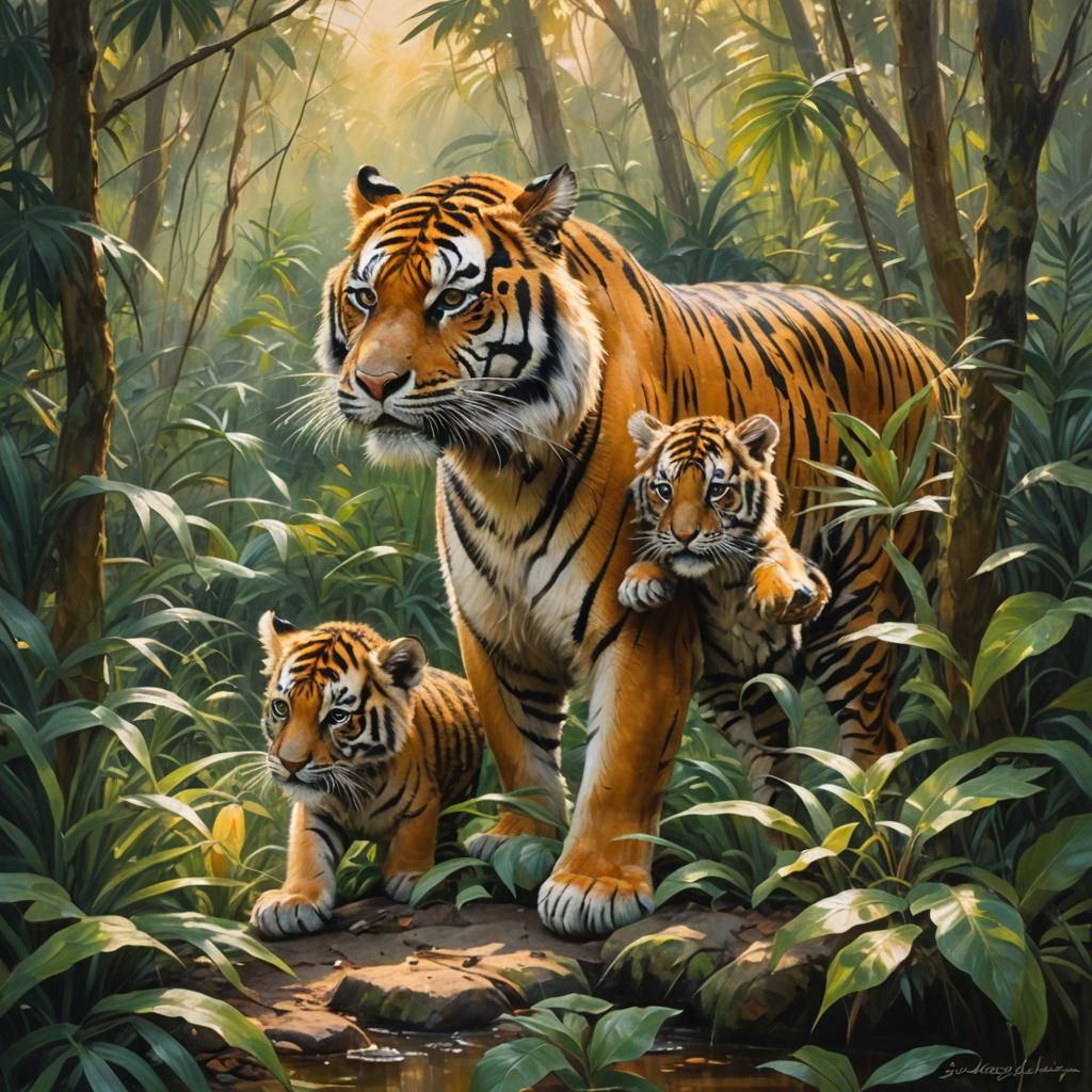 Tiger and Cub in Jungle, Impressionist Oil Painting