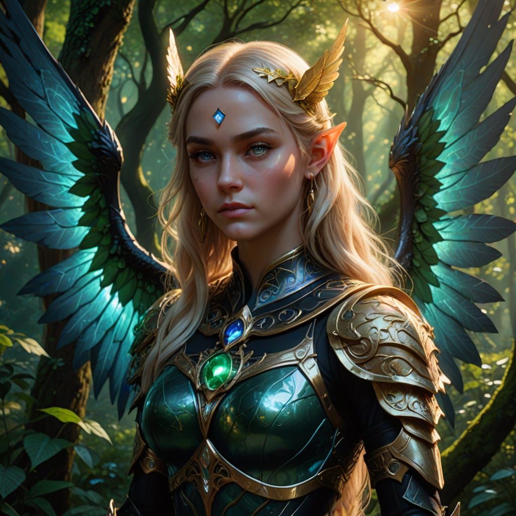 Majestic Angelic Woman in Ethereal Forest Realm