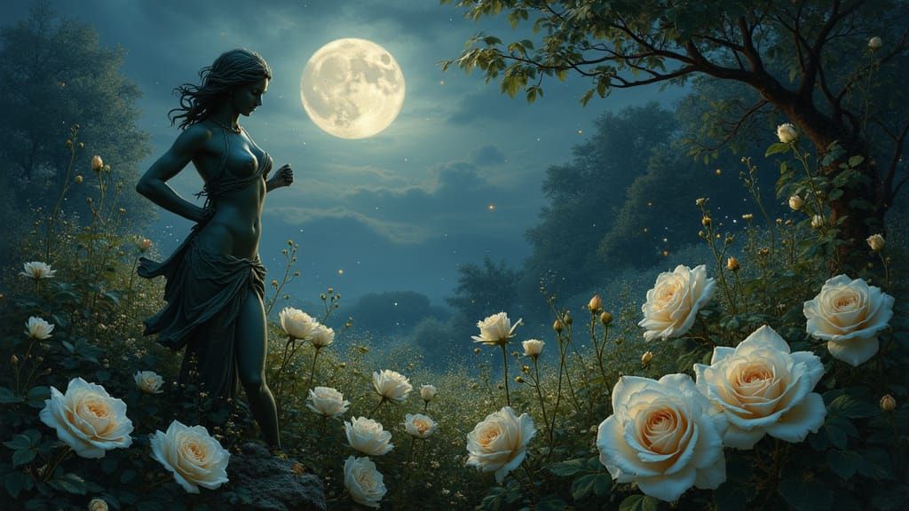 Romantic Moonlit Garden with Dancing Nymph Statue