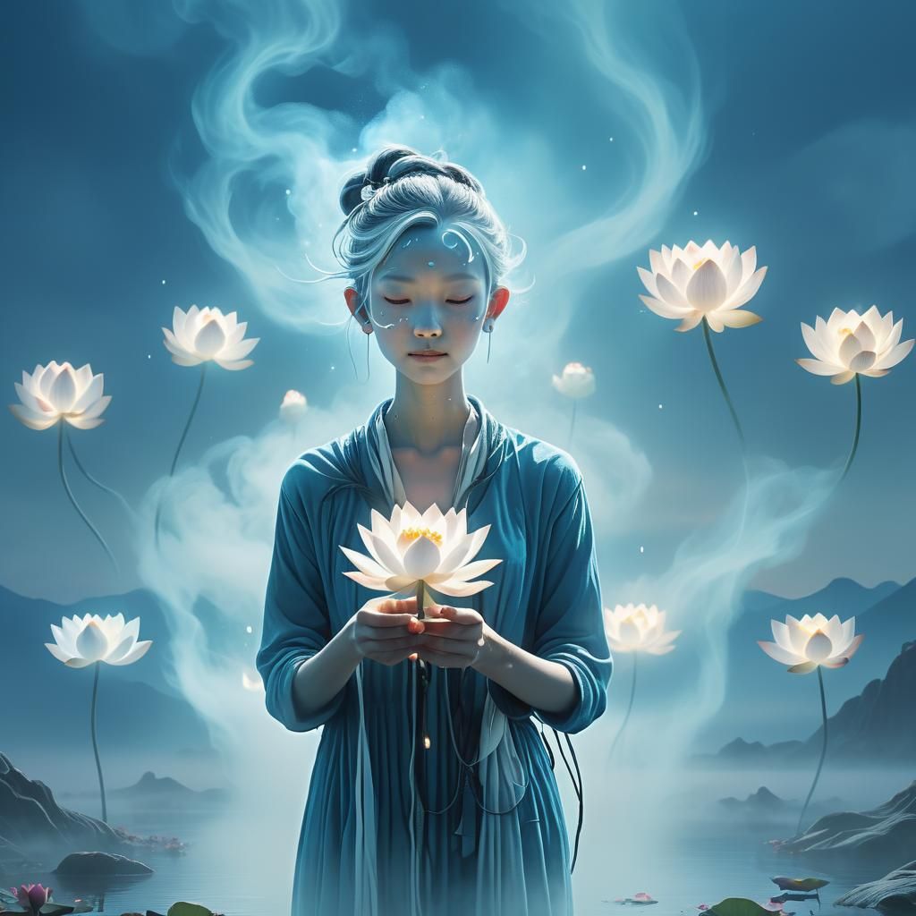 Dreamlike Figure with Lotus in Surreal Landscape