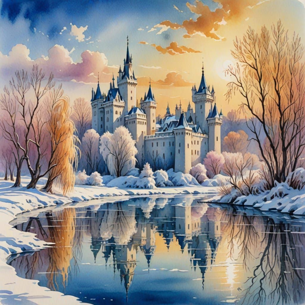 Vibrant Winter Castle Scene in Watercolor