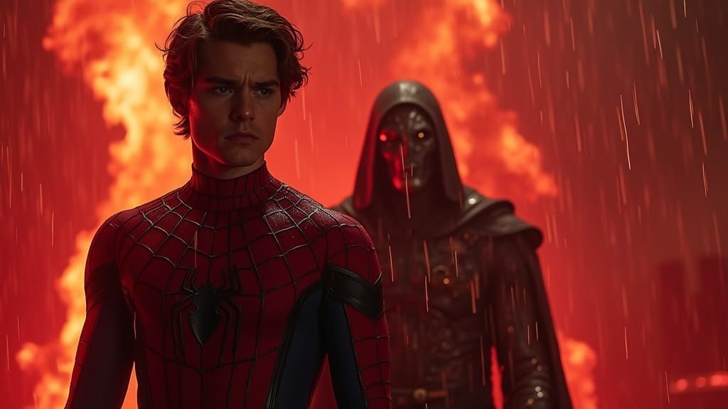 Spiderman in Shadows, Doctor Doom Looms with Rain and Flames
