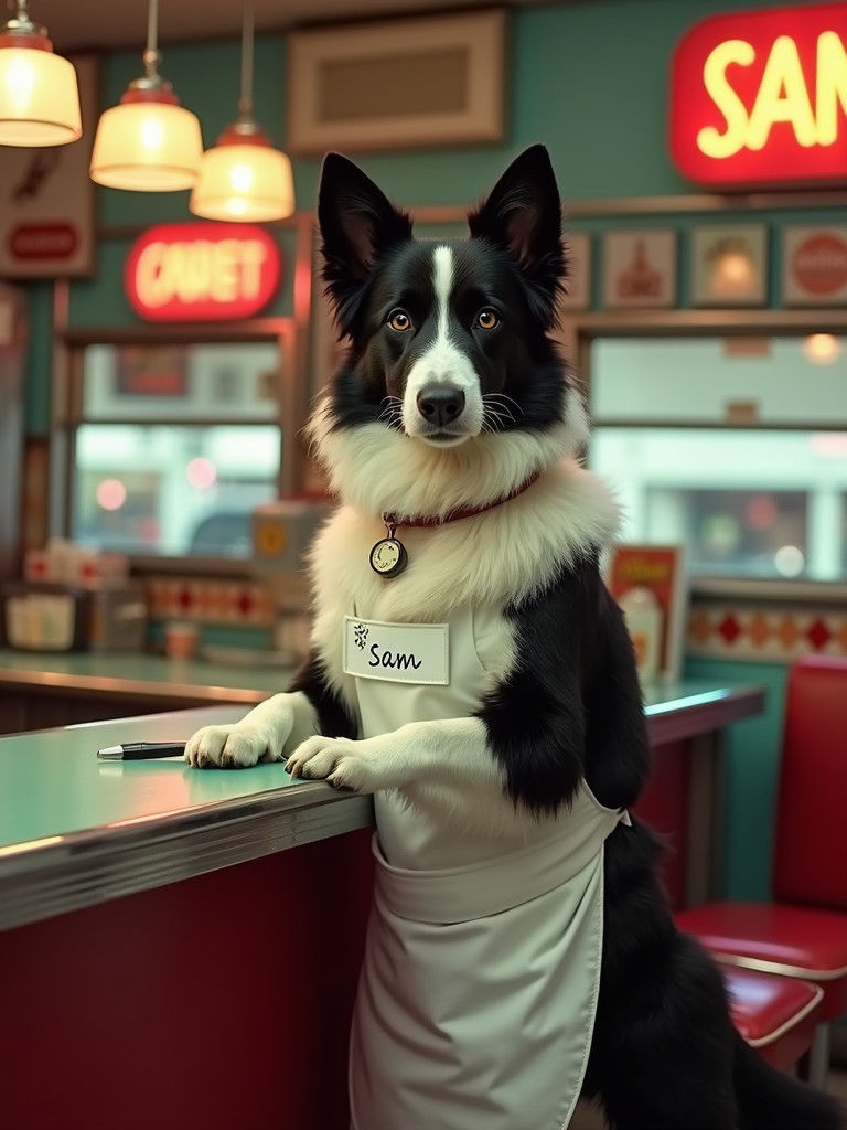 Border Collie Diner Waiter in Film Noir Style