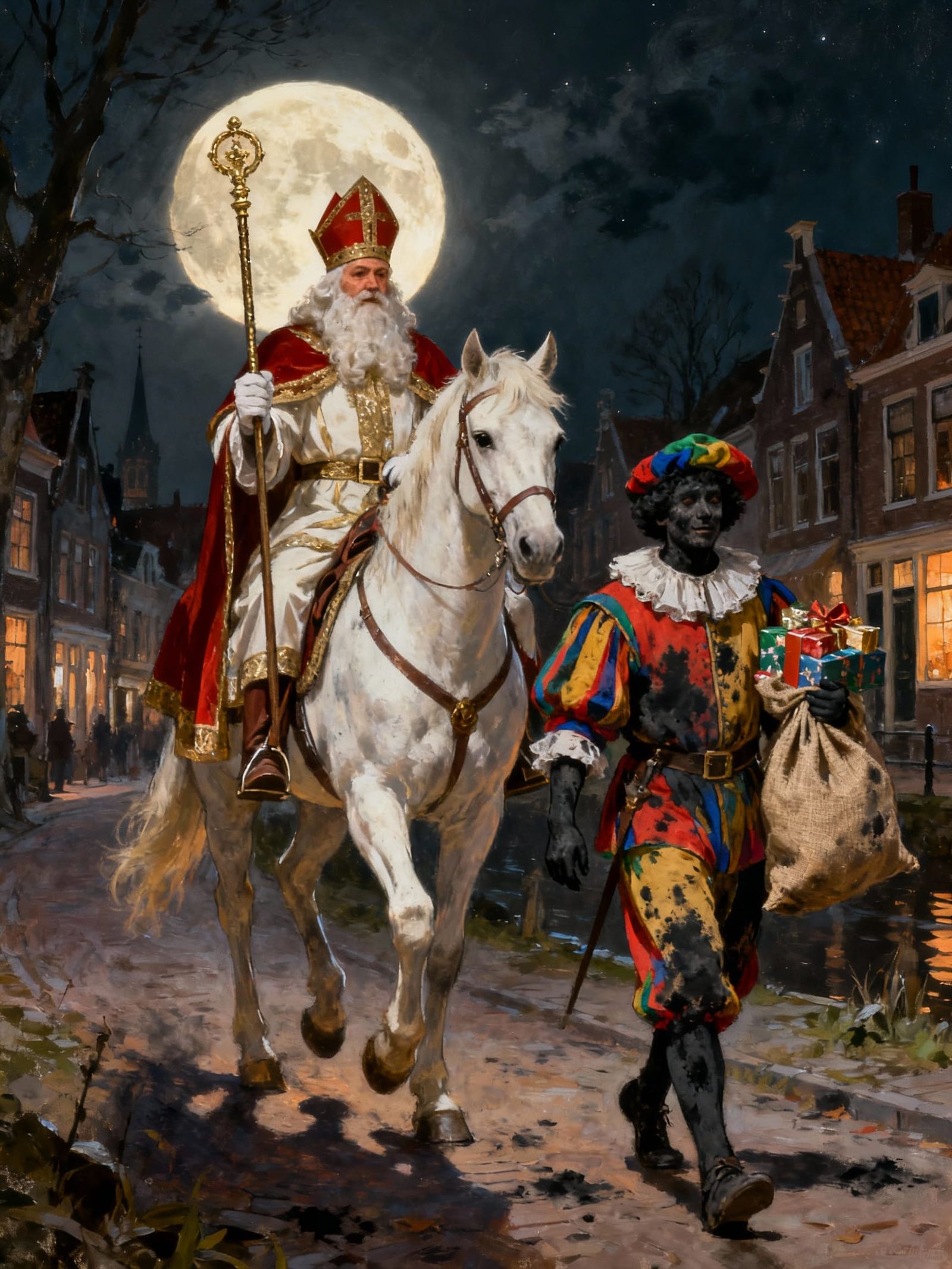 Sinterklaas and Piet on Horseback in Dutch Night