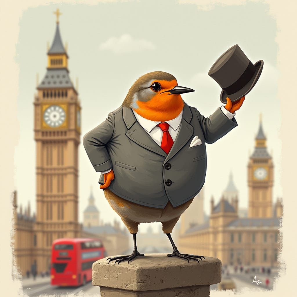 Robin in Suit Stands Atop Tower of London