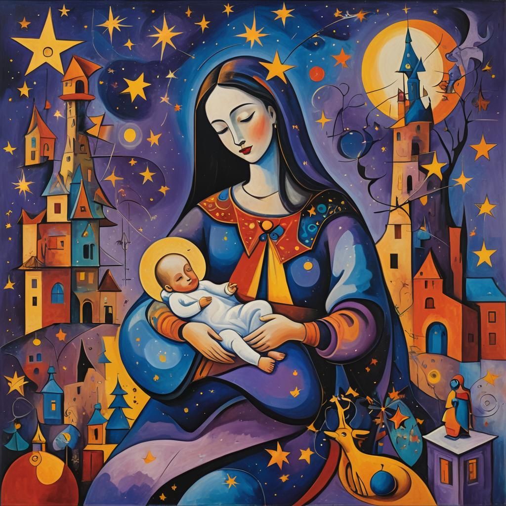 Surrealist Nativity Scene in Miró Style