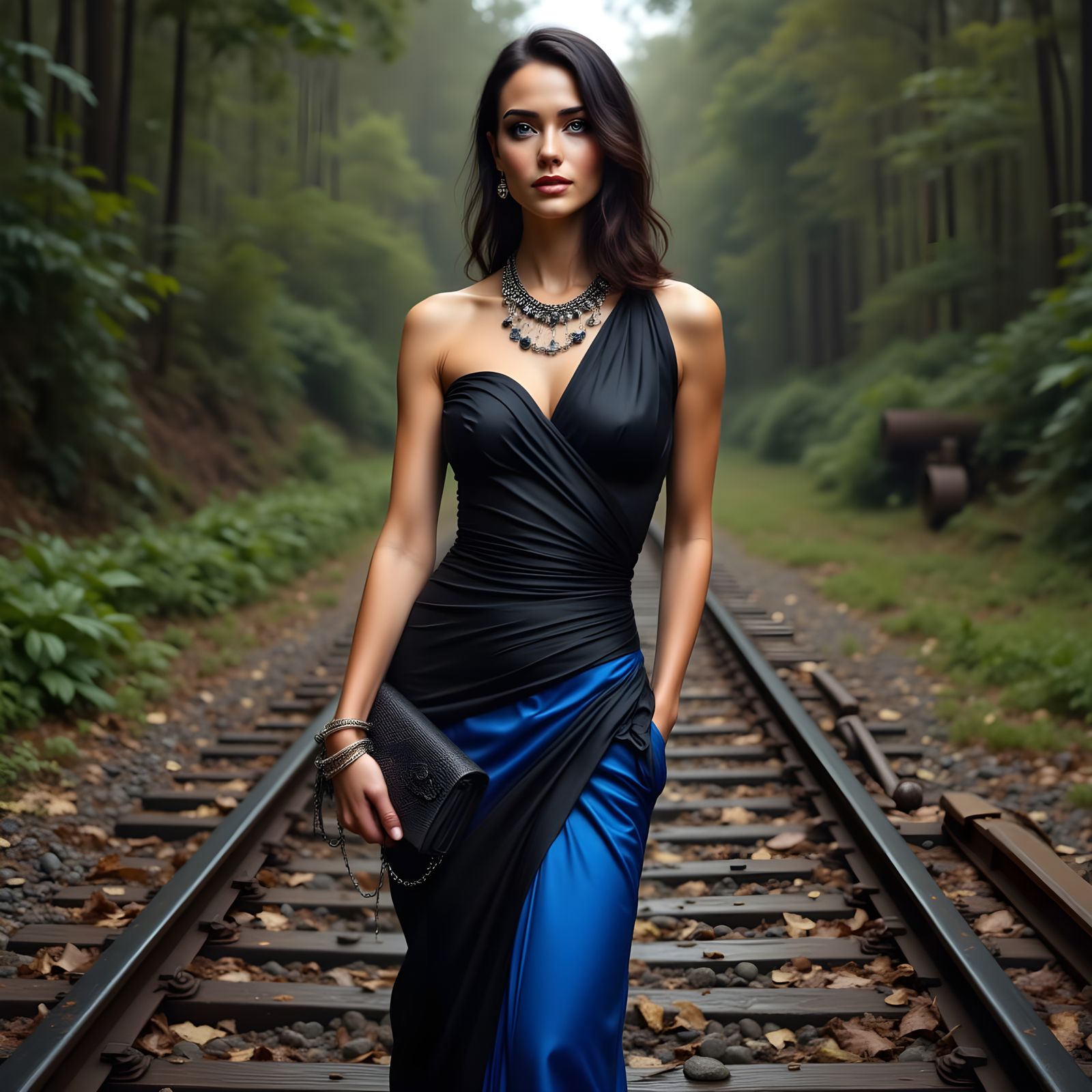 Overgrown Railway and Woman at Awards in Realism Style