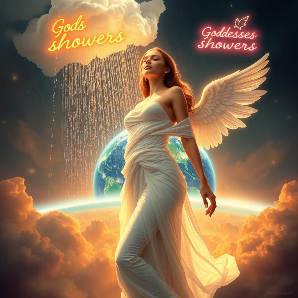 Celestial Goddess Shower in Hyperrealistic Style