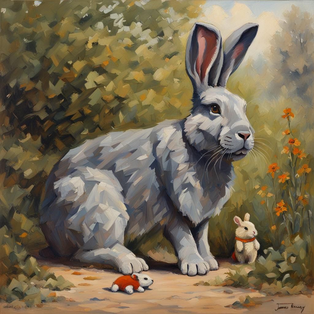 Flemish giant Bobby with her toys in the garden