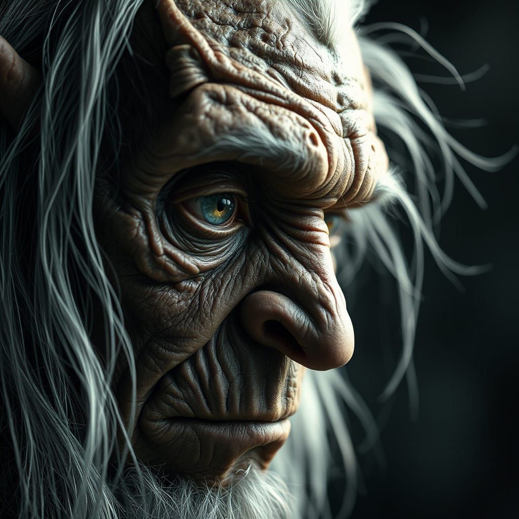 A stunning close-up, detailed, hyperrealistic oil and ink 3d rendered portrait of a weathered elven-like creature, showc...
