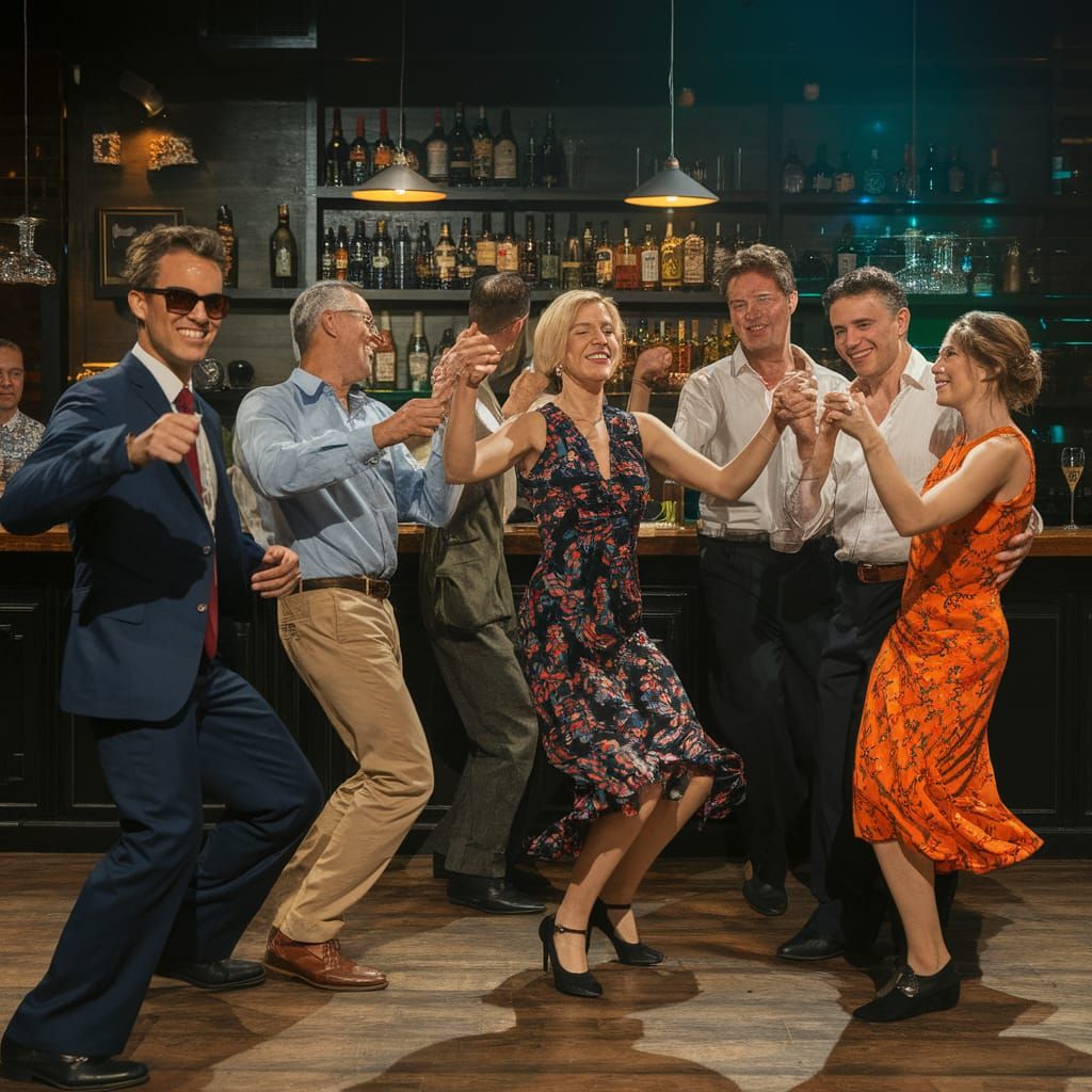 Several people dancing to jive music in a bar. Jean Tinguely