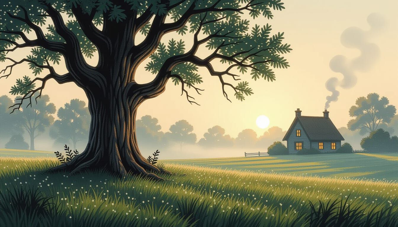 Ancient Oak in Misty Meadow at Dawn