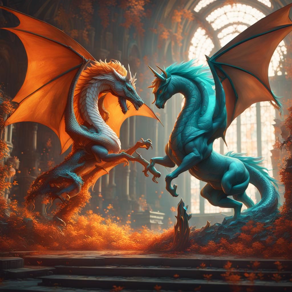 Dragon and Unicorn Battle: Hyperdetailed Concept Art