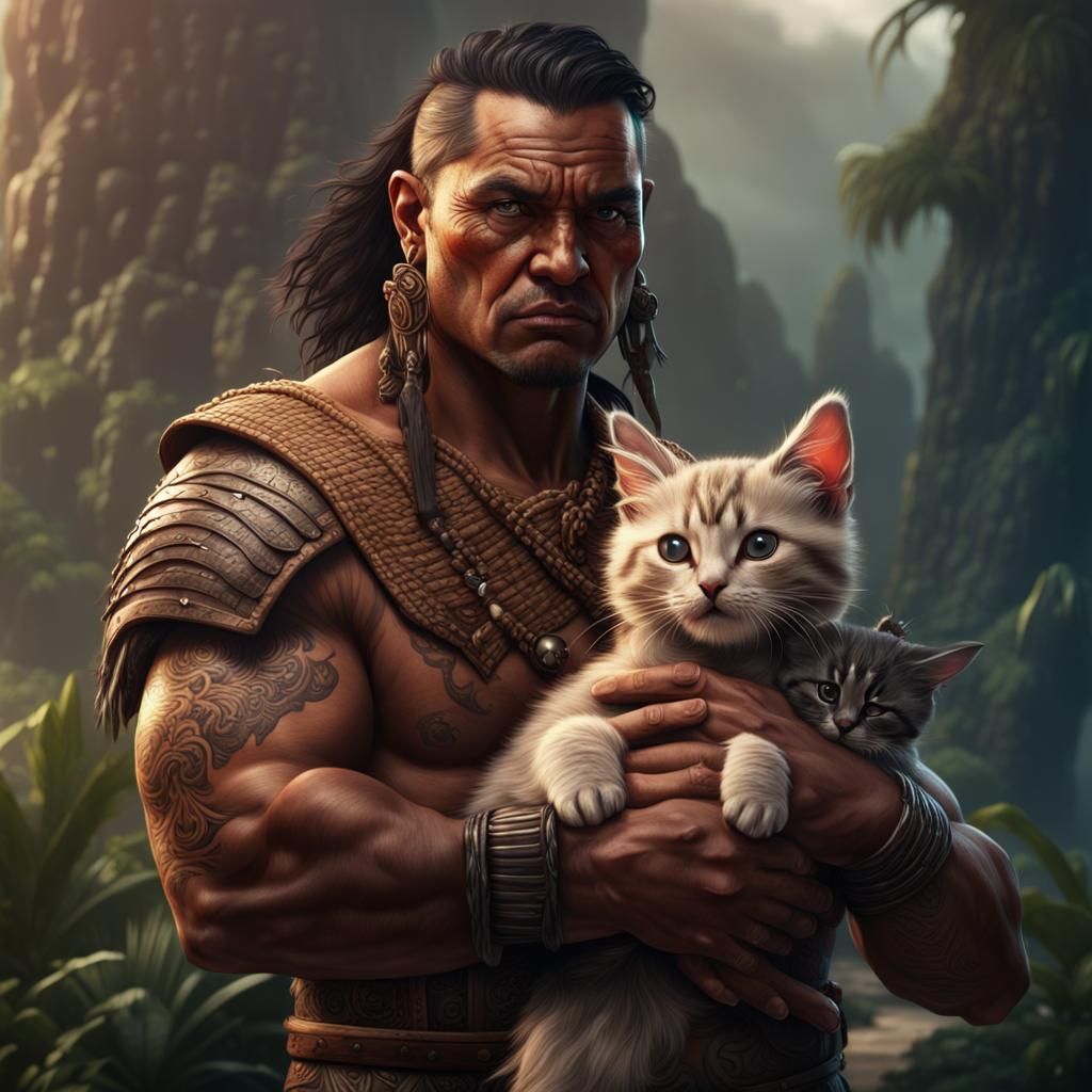 Samoan Warrior with Kitten: Detailed Matte Painting