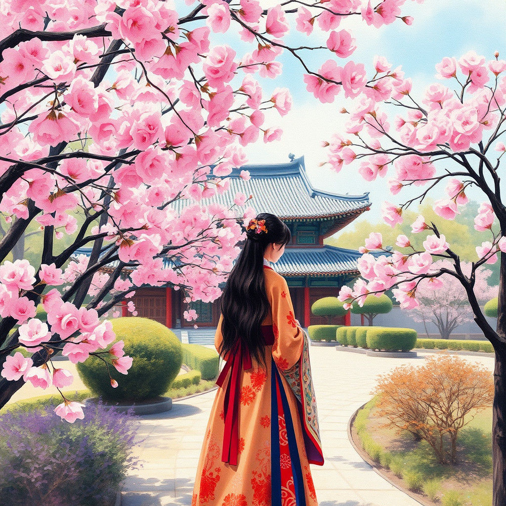 Korean Palace Garden with Cherry Blossoms in Gouache Style