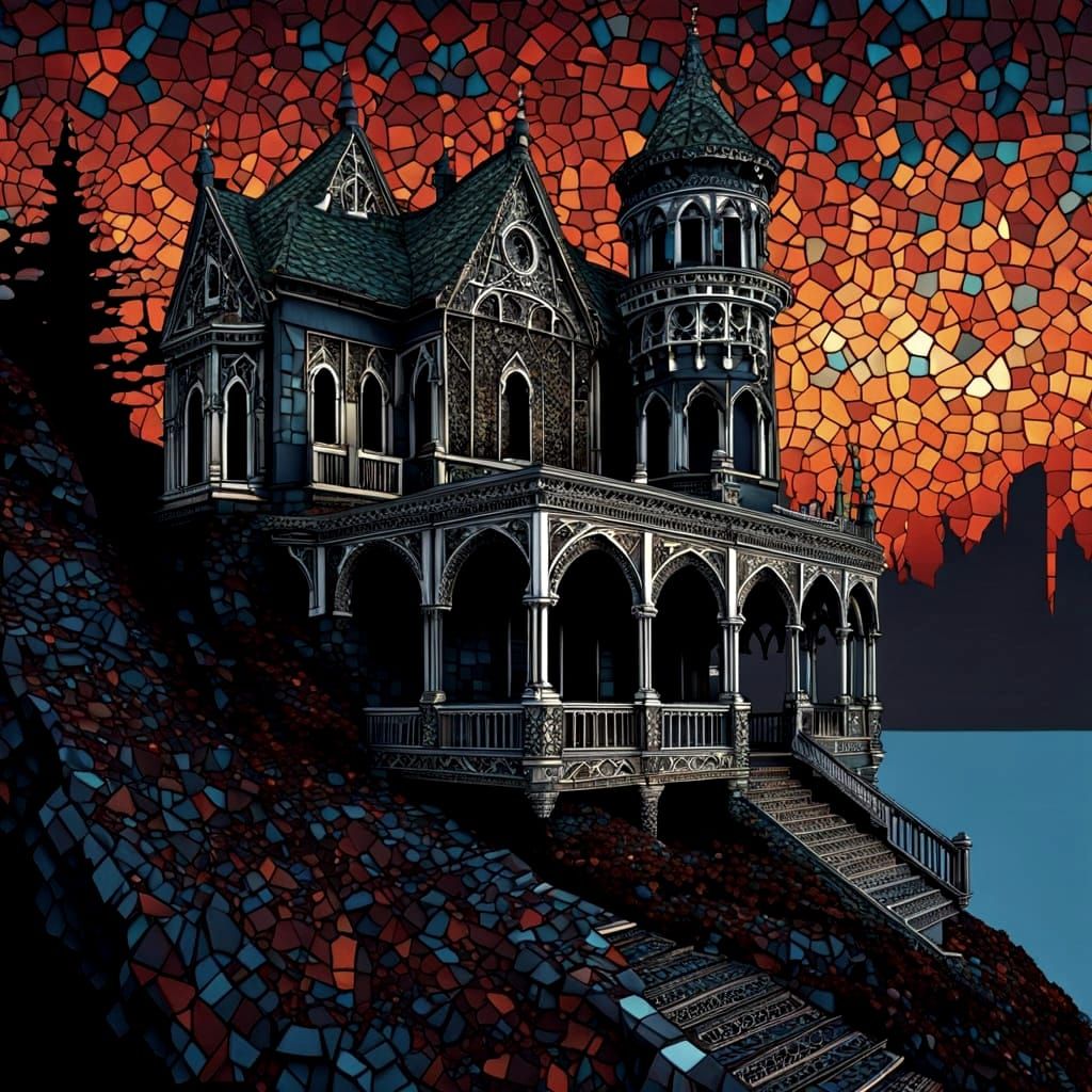Haunted Gothic House Mosaic on Cliffside