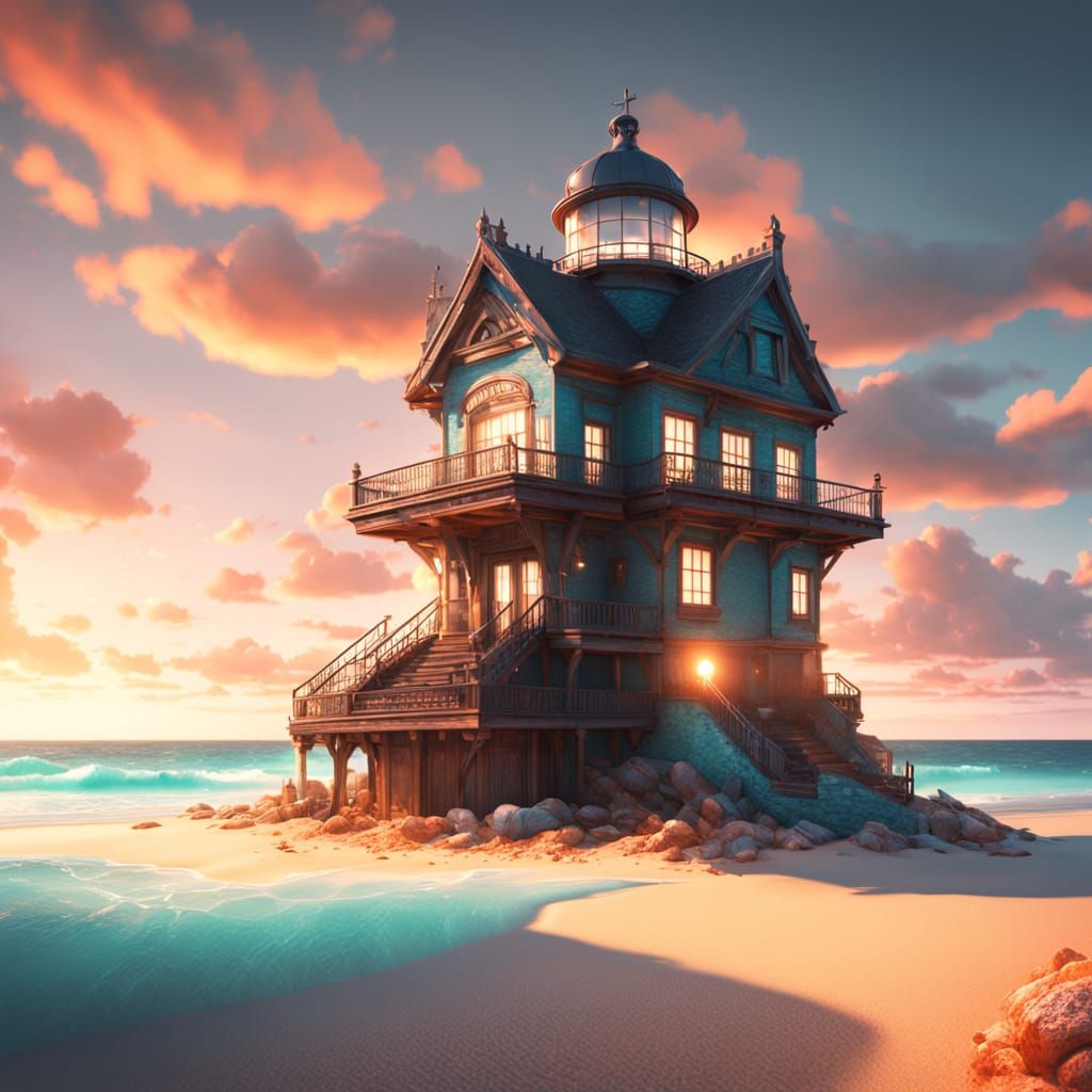 Sci-Fi Lighthouse on Seashell, Digital Art