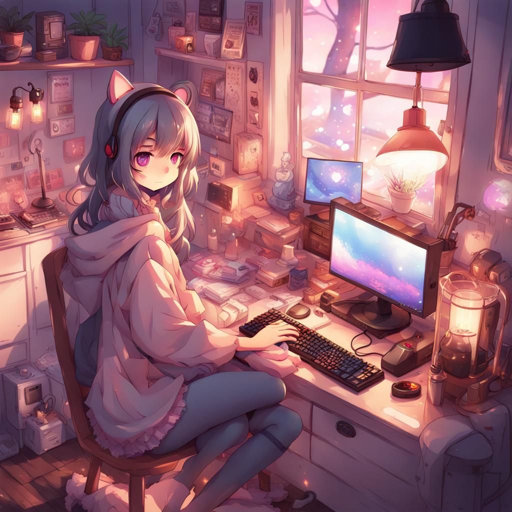 Cozy Anime Gaming Setup with RGB Lights and Cats