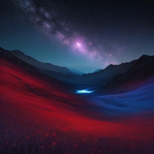 Vibrant Starry Night Landscape with Red Moon