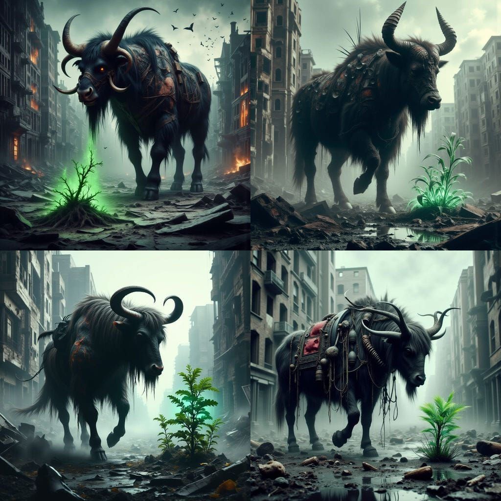 Post-Apocalyptic Minotaur with Bioluminescent Plant