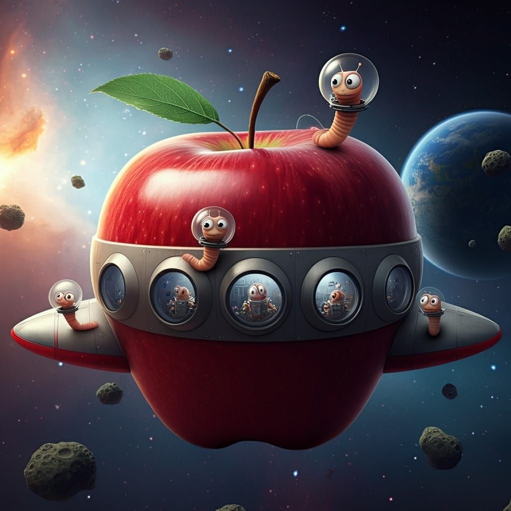 Surreal Spaceship Emerges from a Vibrant Red Apple in a Whim...