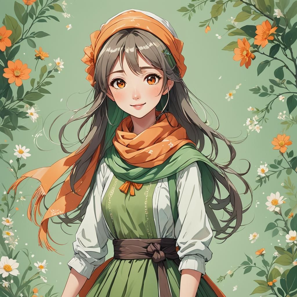 Anime Girl Portrait with Scarf in Whimsical Style