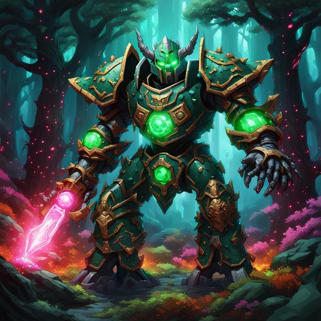 Mecha Ork Sorcerer Punches Portal in Cyberpunk Forest