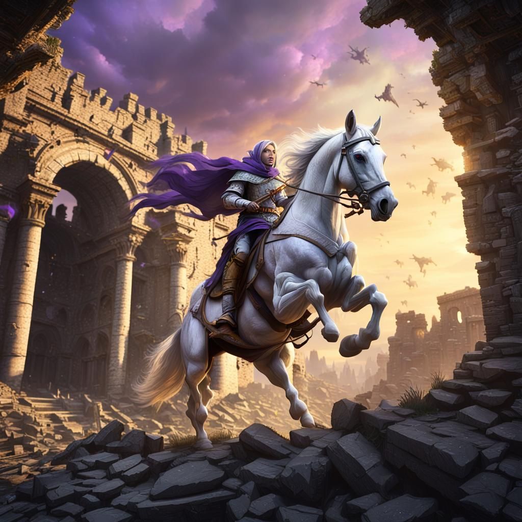 White Horse Galloping Through Ancient Ruins