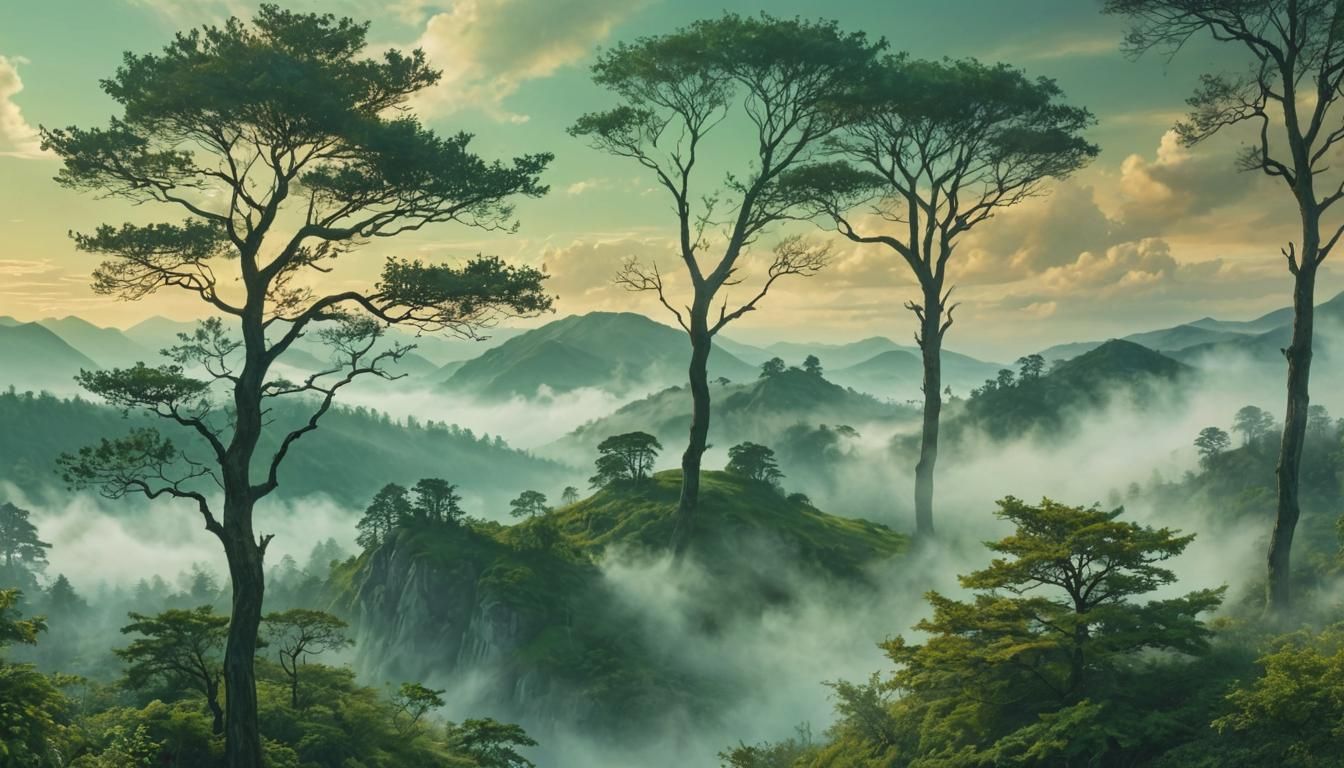 Dreamlike Landscape with Towering Trees in Fauvist Style