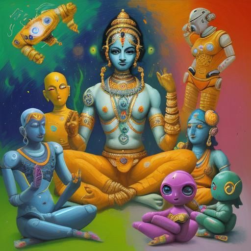 Krishna Leads Meditation Session in Space, Neo-Impressionism