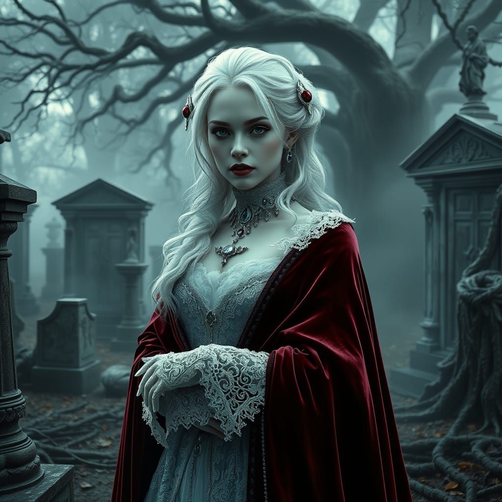 Albino Woman in Gothic Graveyard, Baroque Style