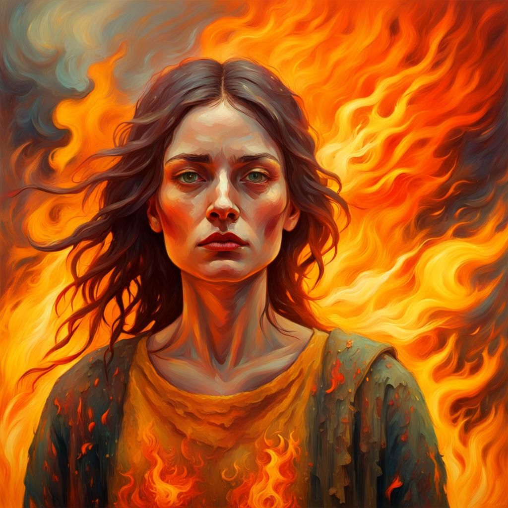 Girl Amidst a Turbulent Firestorm, Oil Painting in Neo-Expre...