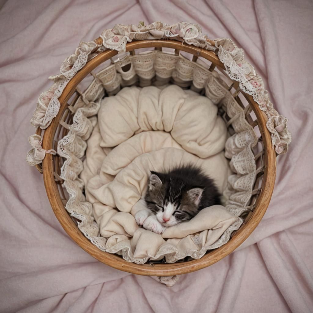 Fluffy Kitten Asleep in Doll's Cot