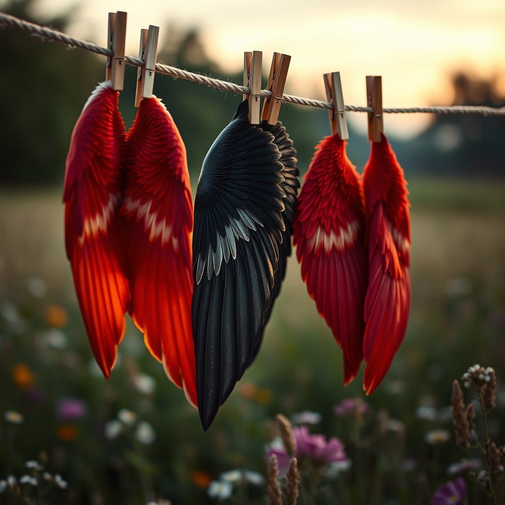Vintage Wings on Linen Rope in a Flowering Field