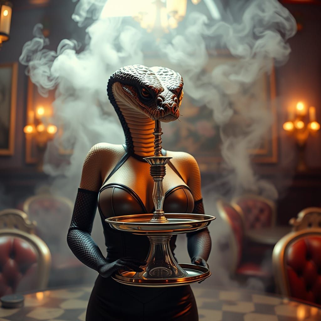 Victorian Snake Waitress Serving Hookah in Film Still