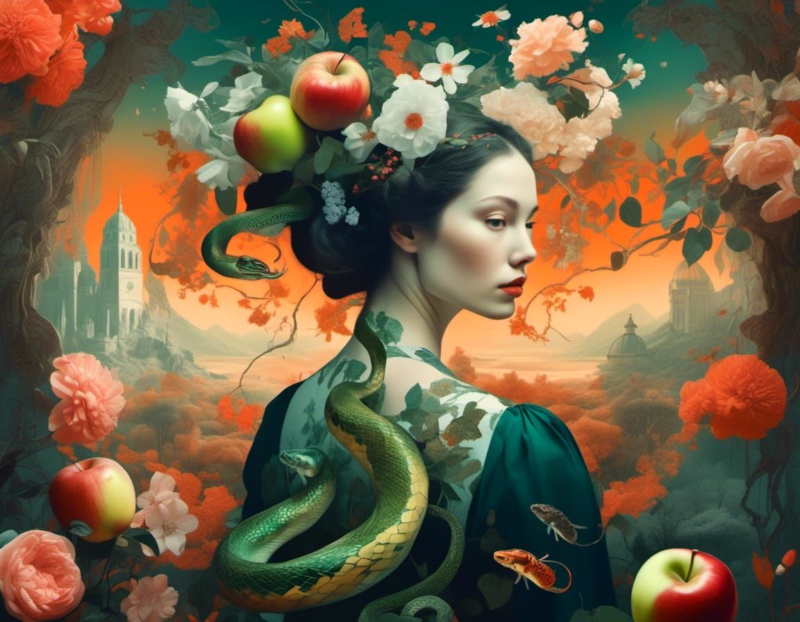 Adam and Eve in Eden as Collage Art