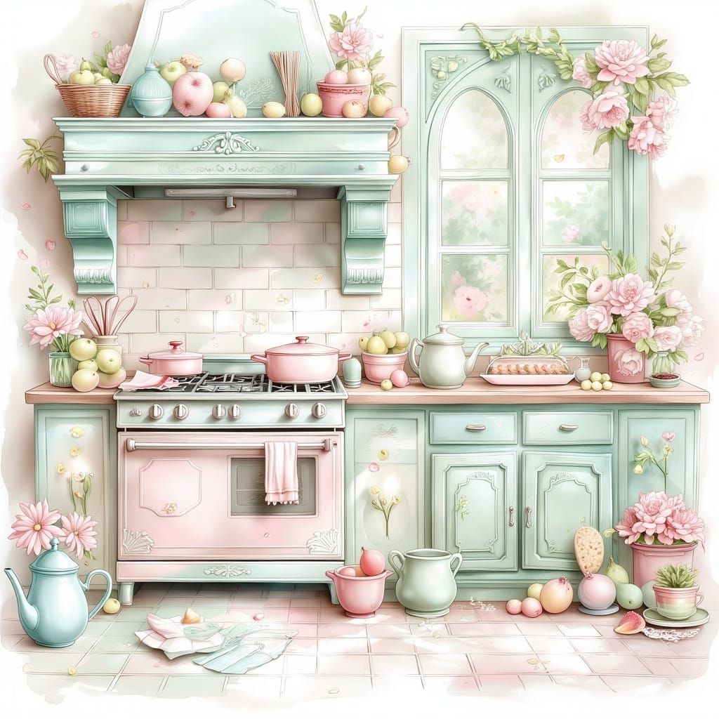 Warm and Inviting Kitchen Illustration in Pastel Colors
