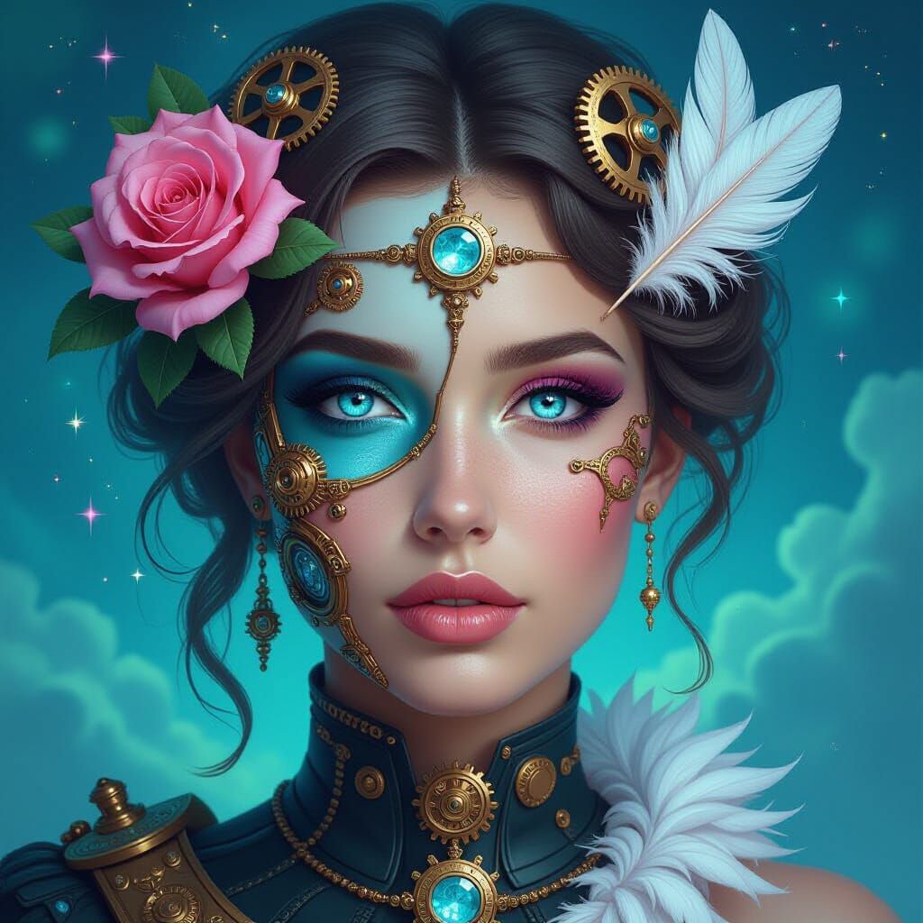 A surreal, photorealistic digital artwork of a split-faced w...