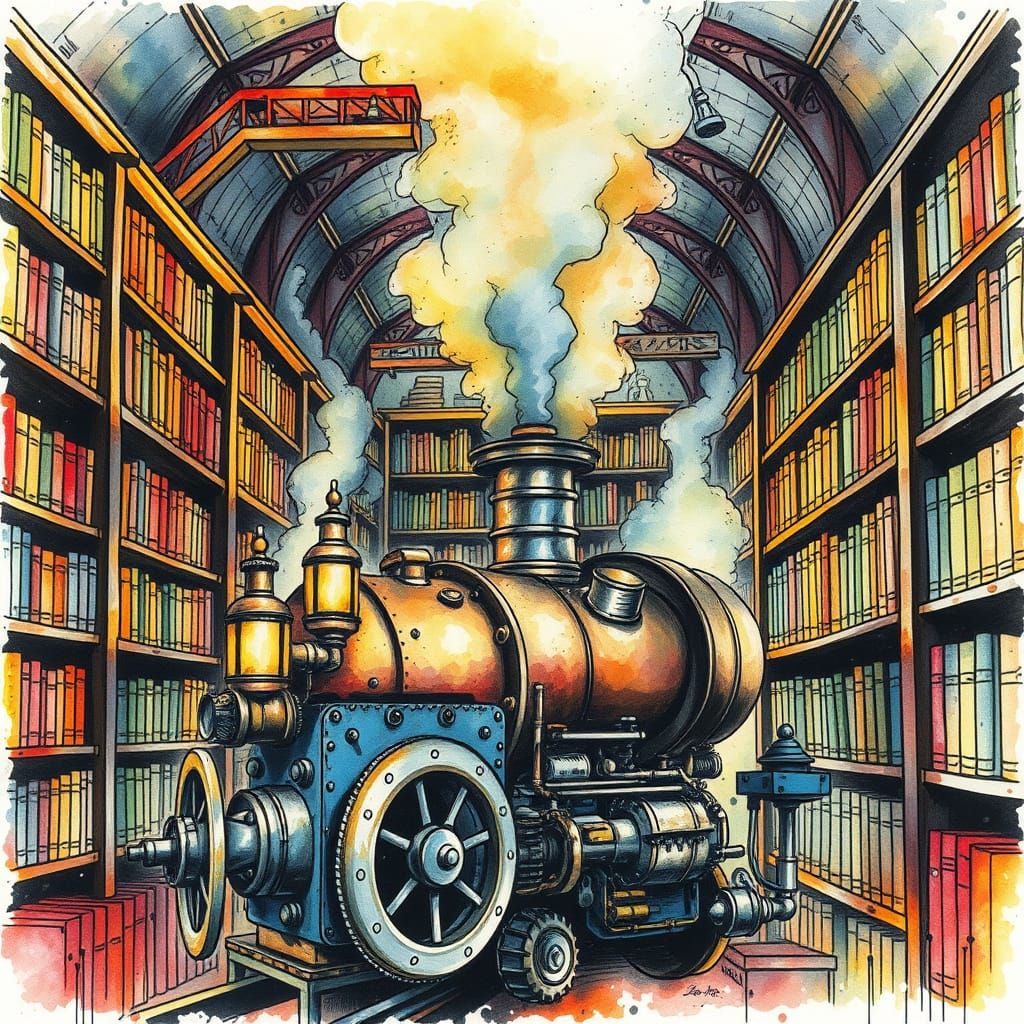 Bustling Steampunk Library in Watercolor Ink Style