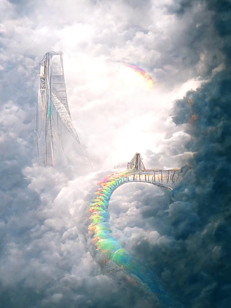 Epic Rainbow Bridge Through Clouds in Hyperrealism