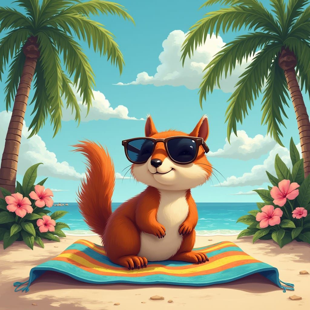 Squirrel Lounging Poolside in Sunglasses
