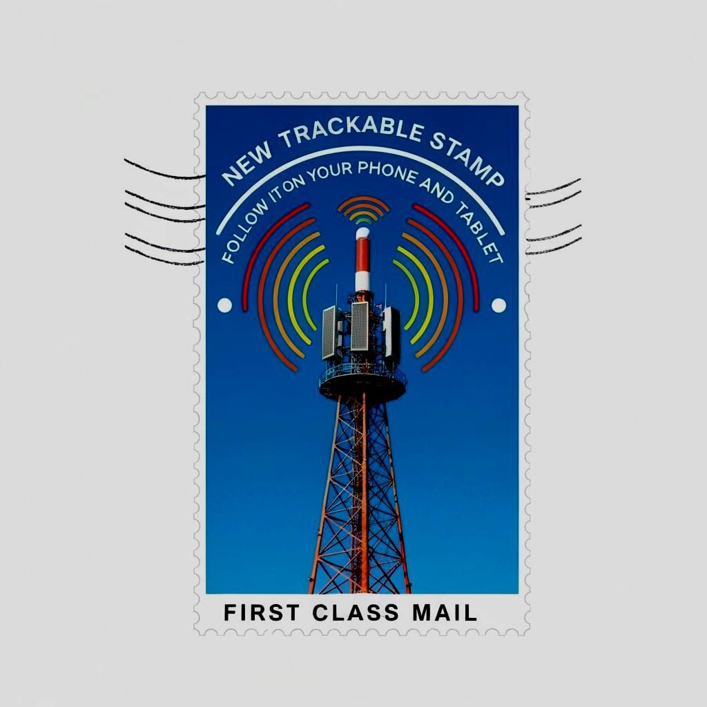 Trackable Postage Stamp with Cellular Tower