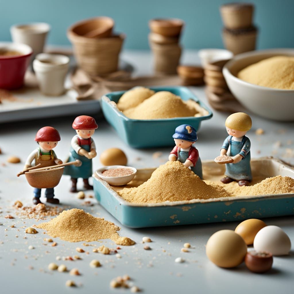 Miniature Bakers Kneading Dough on a Tabletop